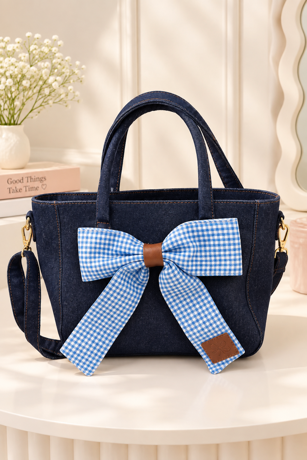 Blue Denim Tote Bag with Gingham Bow | Stylish Women’s Handbag with Shoulder Strap