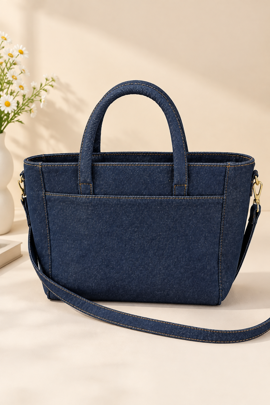 Blue Denim Tote Bag with Gingham Bow | Stylish Women’s Handbag with Shoulder Strap - Image 3